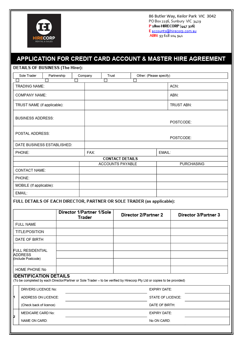 Hirecorp Credit Card & MHA Form